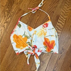 Vibrant Orange Red Tie-Front Crop Swim Top